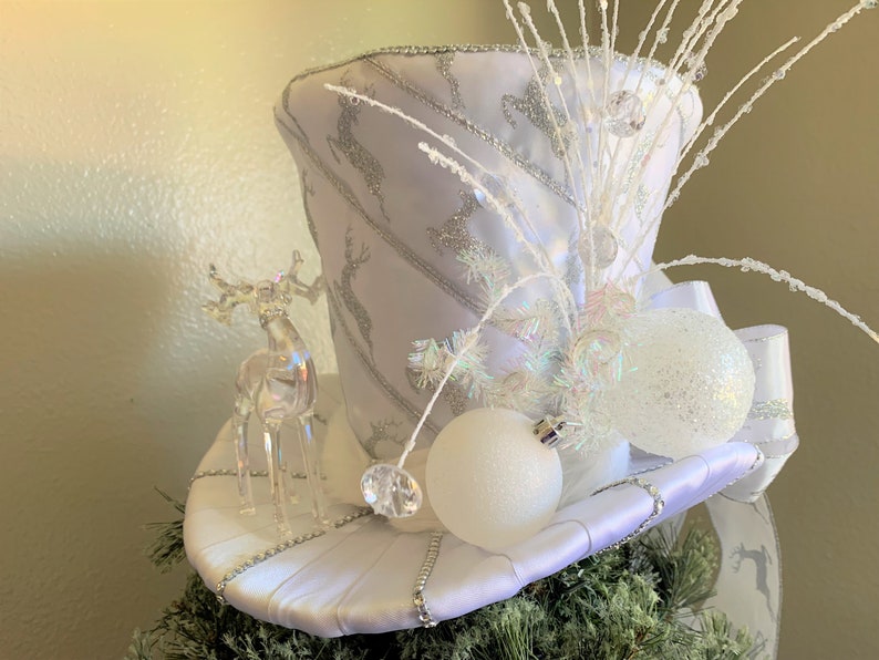 White Christmas Tree Topper Reindeer Top Hat Tree Topper Etsy