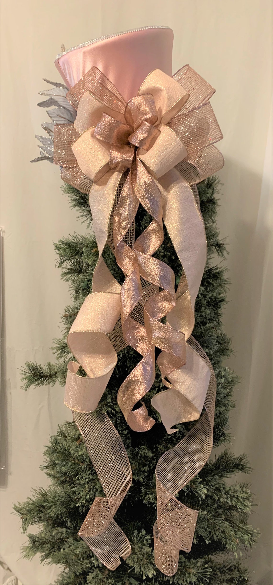Large Pink Tree Topper Pink Satin Top Hat Christmas Tree Topper, Silver Poinsettia, Handmade ...