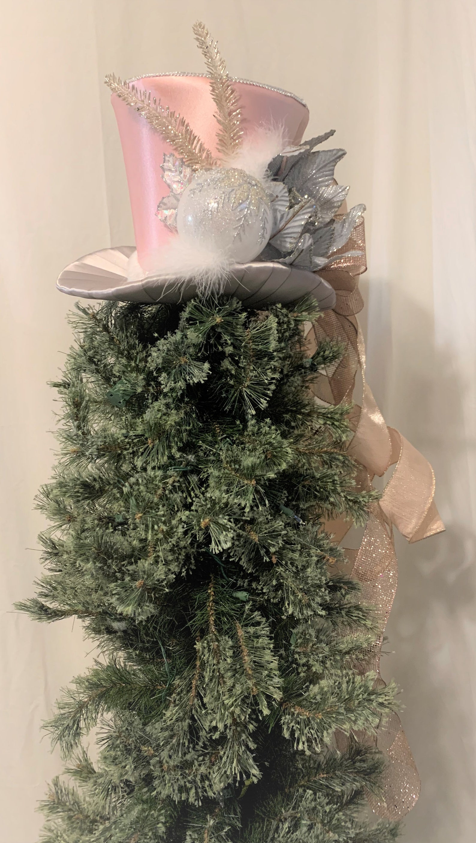Large Pink Tree Topper Pink Satin Top Hat Christmas Tree Topper, Silver Poinsettia, Handmade ...