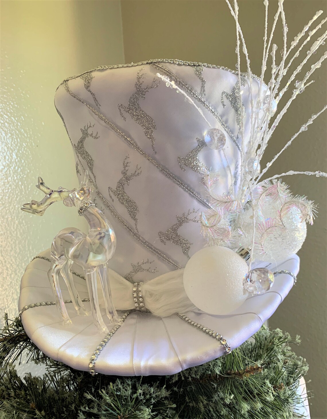 White Christmas Tree Topper Reindeer Top Hat Tree Topper Etsy