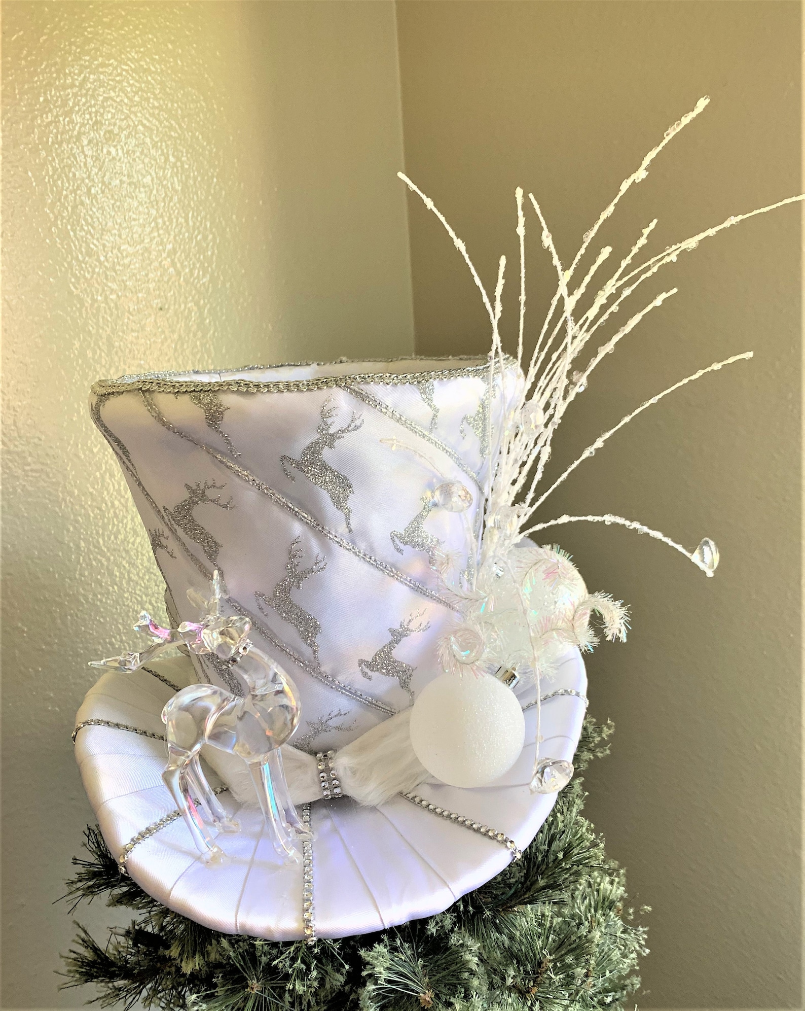 White Christmas Tree Topper Reindeer Top Hat Tree Topper Etsy