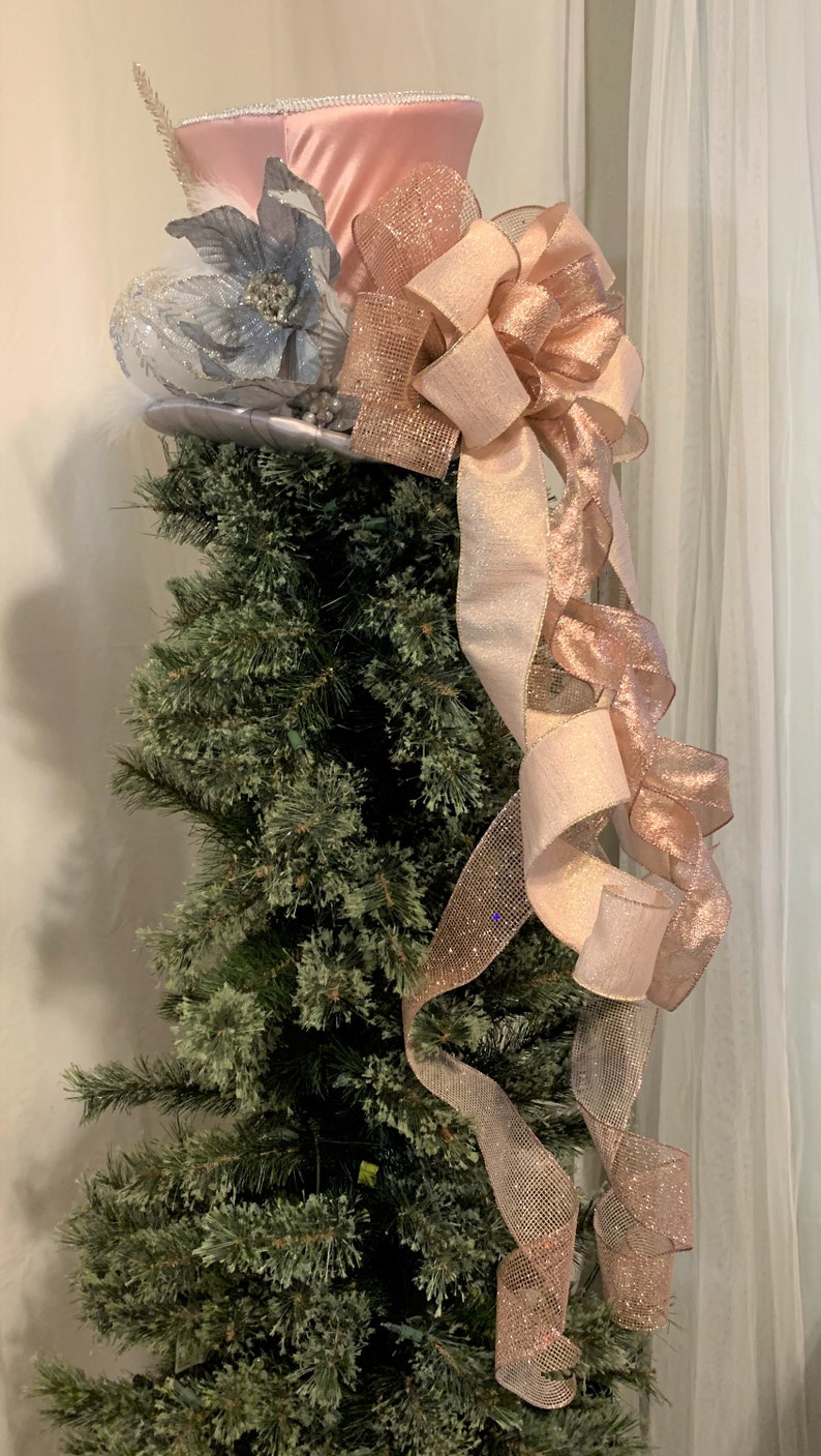 Large Pink Tree Topper Pink Satin Top Hat Christmas Tree Topper, Silver Poinsettia, Handmade ...