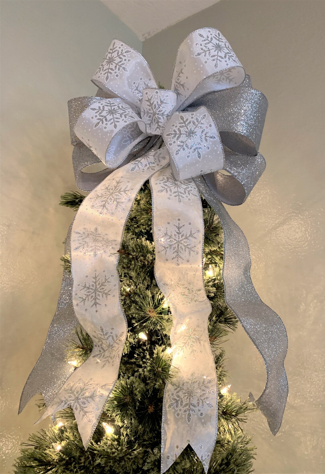 Snowflake Tree Topper Bow Christmas Tree Topper Bow Silver Etsy