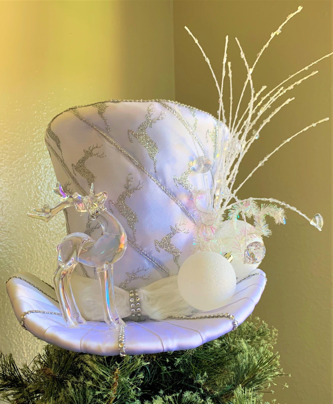 White Christmas Tree Topper Reindeer Top Hat Tree Topper Etsy