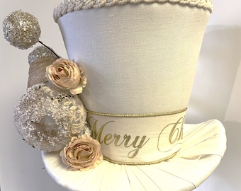 Ivory Christmas Tree Topper Top Hat, Ivory and gold tree topper.  Tree Topper Top Hat,  Christmas Decoration, Christmas Centerpiece