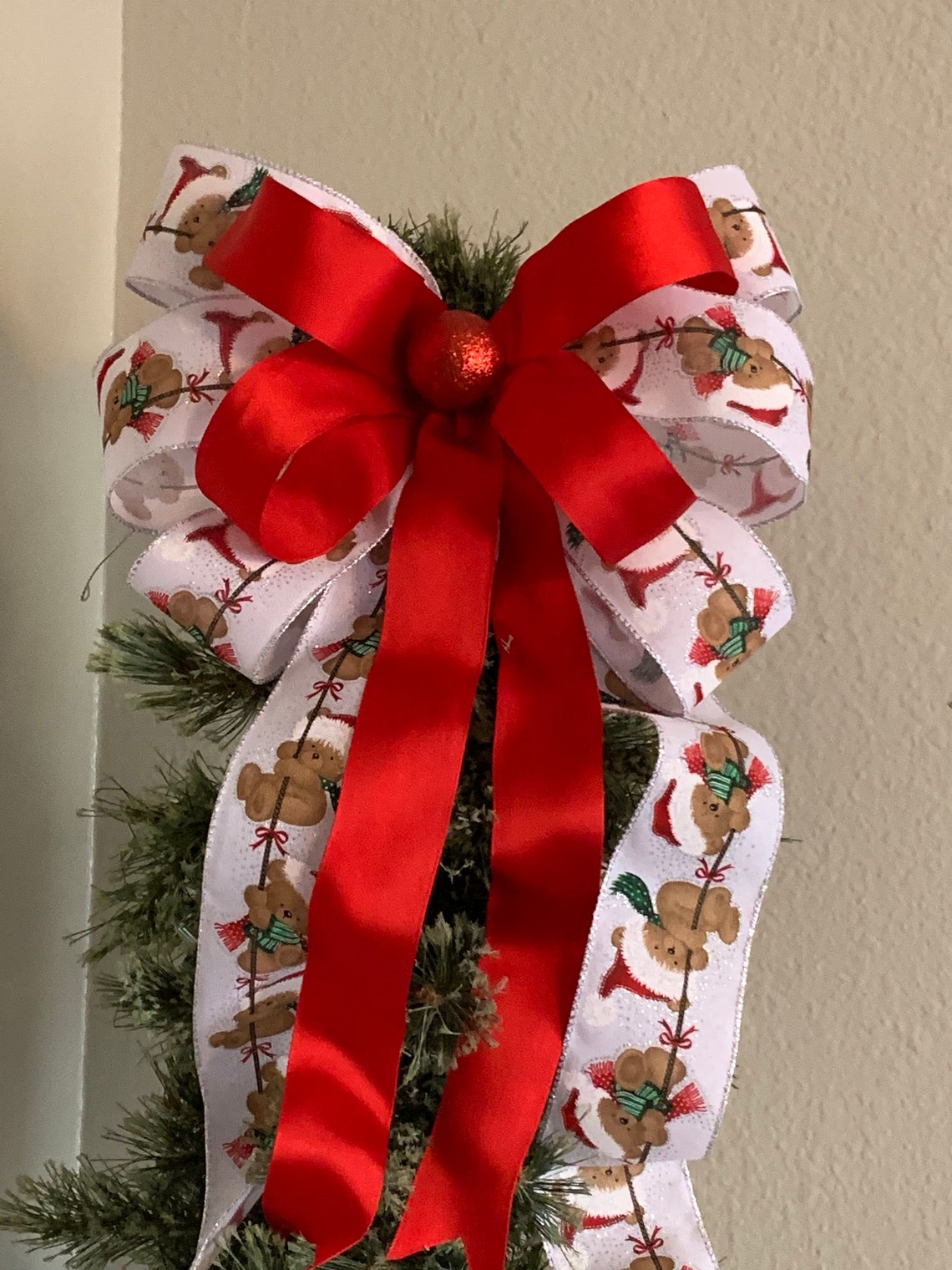 Teddy Bear Tree Topper Bow Christmas Tree Topper Bow Red Etsy