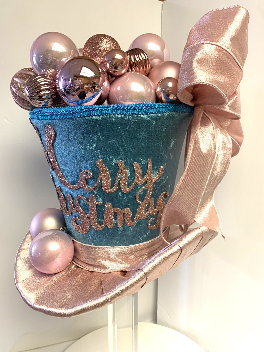 Teal and Pink Tree Topper, Pink and Teal Top Hat Tree Topper, Christmas