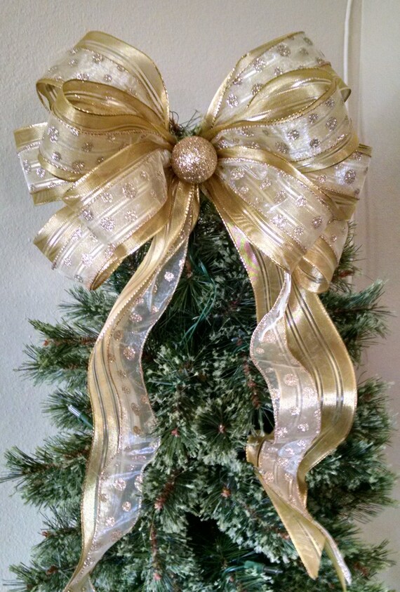 gold christmas bow christmas tree topper bow gold tree etsy gold bow christmas tree topper