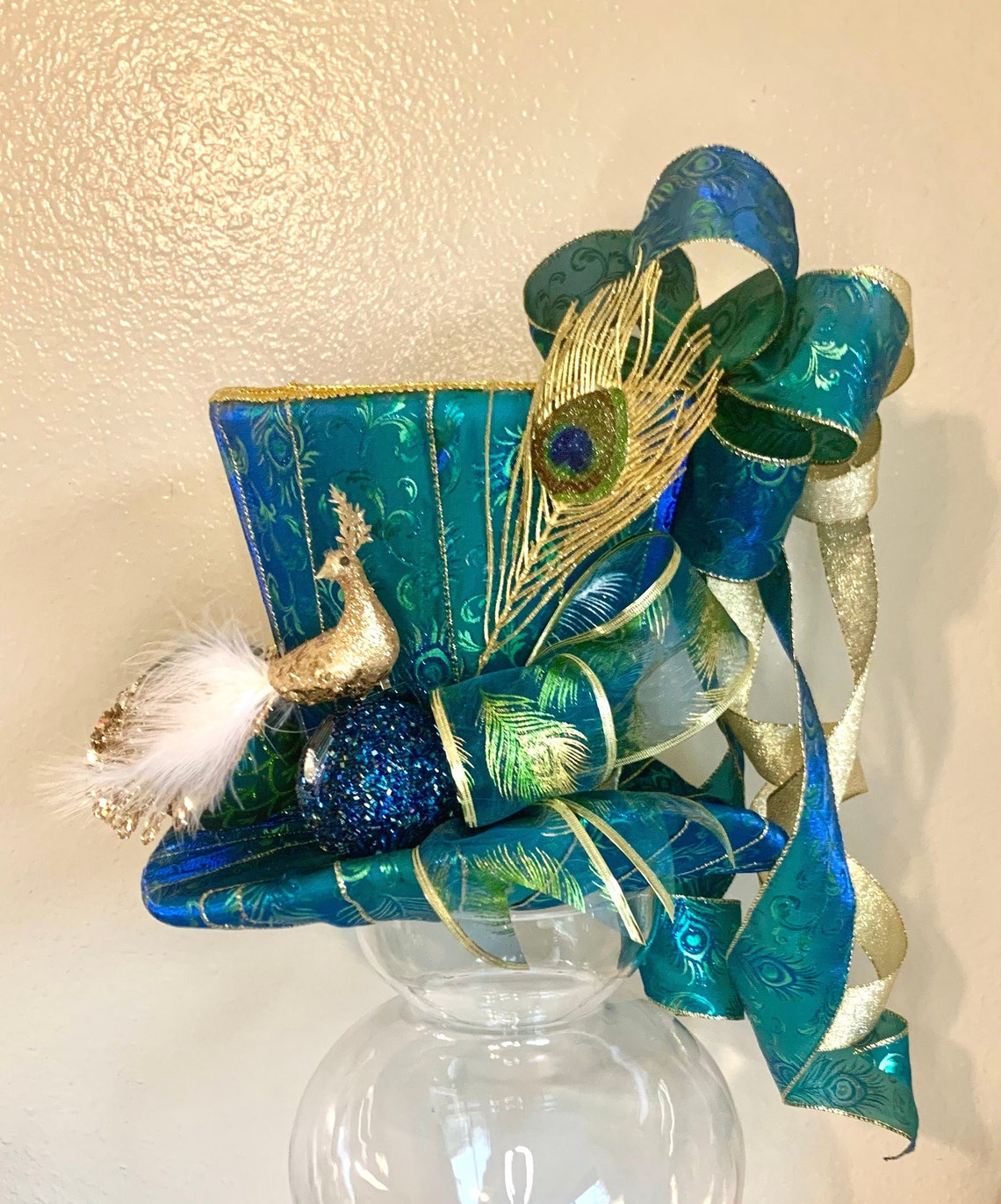 Peacock Top Hat Tree Topper Gold and Blue Peacock Tree Topper Etsy