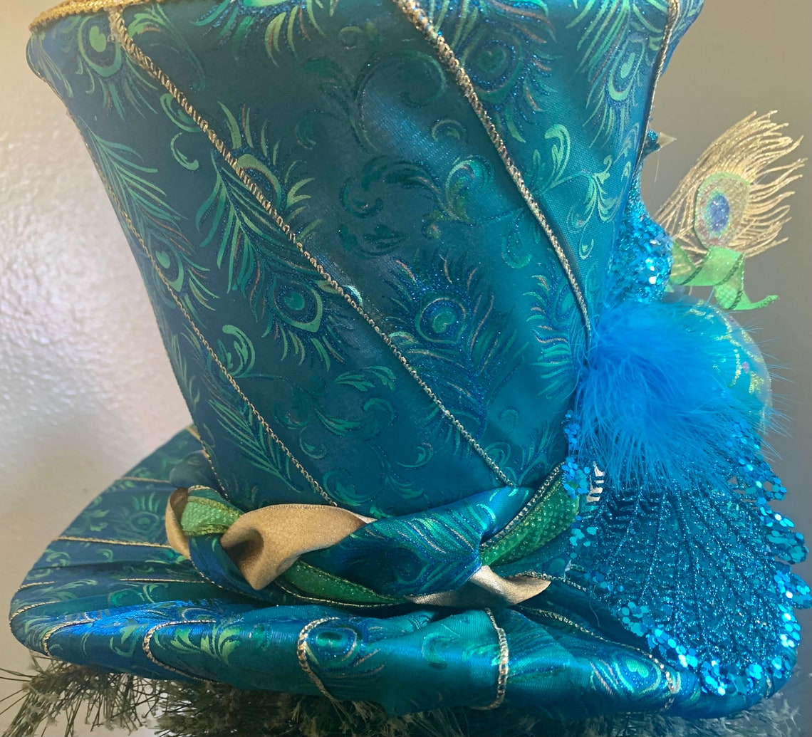 Peacock Top Hat Tree Topper Blue and Gold Peacock Tree Topper Etsy