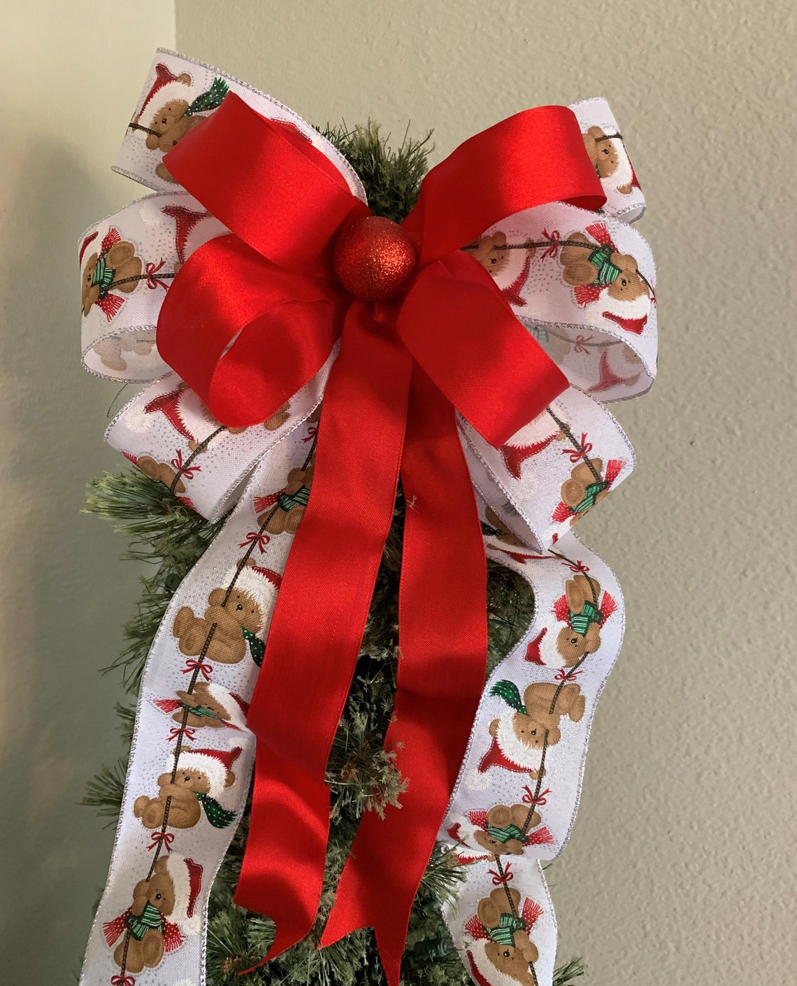 Teddy Bear Tree Topper Bow Christmas Tree Topper Bow Red Etsy