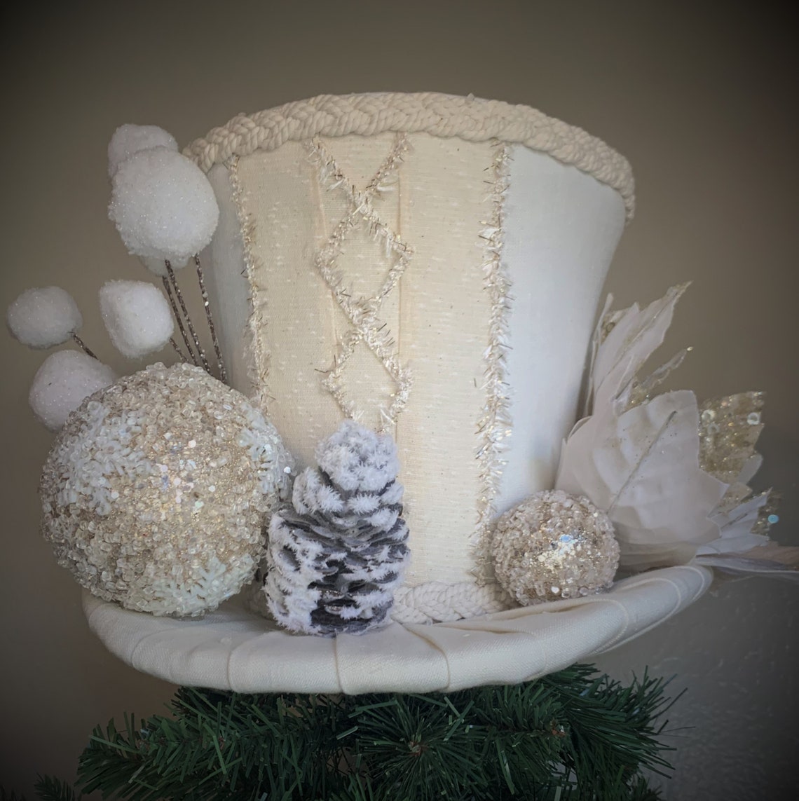White Christmas Tree Topper Top Hat Ivory and Gold Tree Etsy