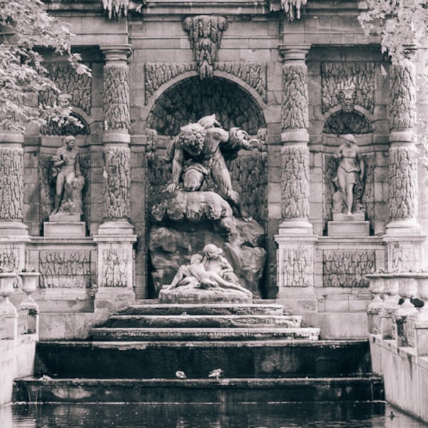 Paris Photography, Luxembourg Gardens Print, Black and White art, Paris Landscape Photo, Travel Wall Art, Medici Fountain
