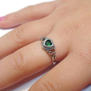 Sterling Silver Children's Birthstone CZ Heart Filigree Ring Various Colors and Sizes Available May - Emerald Green