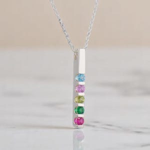 May include: A silver vertical bar pendant necklace featuring five small, round, multi-colored gemstones set in a row. The stones are light blue, pink, light green, dark green, and red, suspended from a delicate silver chain.