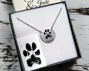 Sterling Silver Personalized Paw Print with Name Round Disc Pendant Necklace Engraved Dog or Cat Paw Remembrance Gift