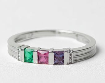 1 2 or 3 Stone Custom Family Square Princess Channel Set Birthstone Ring in Sterling Silver or 10k or 14k White Yellow or Rose Gold