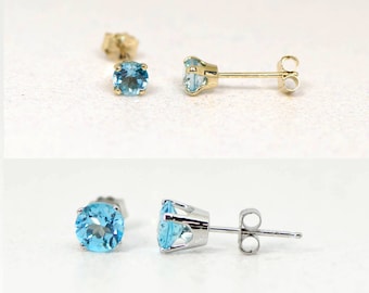 Genuine Swiss Blue Topaz 14k White or Yellow Gold Solid 3mm 4mm or 5mm Round December Post Stud Earrings