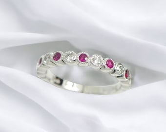 14k White Gold Round Alternating Genuine Ruby and Diamond Anniversary Wedding Band with Milgrain Detail Size 5.75