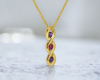 Personalized 3-Stone Round Birthstone Vertical Swirl Twist Pendant Necklace with 2.80 mm Stones - Sterling Silver or Solid 14k Gold