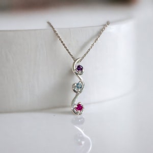 Personalized 1 2 3 4 5 Birthstone Vertical Swirl Family Pendant Mother's Necklace Sterling Silver; Solid 10k 14k White Yellow Rose Gold