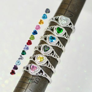 Sterling Silver Children's Birthstone CZ Heart Filigree Ring Various Colors and Sizes Available image 3