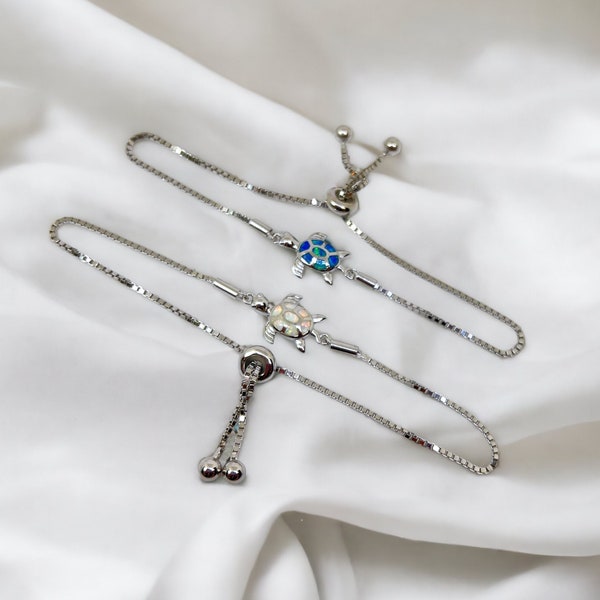 Bracelet bolo ajustable chaîne Turtle Box en argent sterling, opale bleue ou blanche