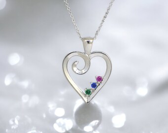 Sterling Silver Your Choice of Stones Family Mother's Heart Pendant or Necklace with 1 2 3 4 5 or 6 Stones