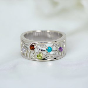 Wide Floral Openwork Mother&#39;s Family Ring with up to 5 Birthstones in Sterling Silver Leaf Branch Band