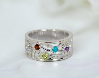 Wide Floral Openwork Mother's Family Ring with up to 5 Birthstones in Sterling Silver Leaf Branch Band