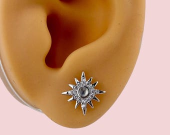Sterling Silver CZ Moonstone Star 10mm Earrings - Face Height 10.6 Mm - Rhodium Plated Moonstone Jewelry - Sterling Silver Jewelry