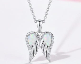 Sterling Silver, Pearshaped Opal, CZ Angel Wings Necklace