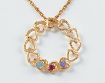 14k Gold Mother's Family Circle of Hearts Slide Pendant | White or Yellow Gold | 1 2 3 4 5 6 or 7 Stones | Chain Solid Separately