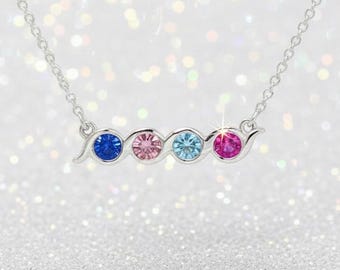 Personalized Bezel Swirl Bar Set Family Birthstone Mother's 18" Necklace 1 2 3 4 5 Stones Sterling Silver; Solid 14k White Yellow Rose Gold