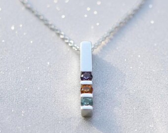 Birthstone Family Pendant or Necklace Vertical Bar, Channel Set Round Stones - 925 Sterling Silver or Solid 10k or 14k Gold