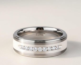 Tungsten Wedding Band with Raised Center & Brushed Silver Inlay and 9 Channel Set White Diamonds - 8mm | Harper