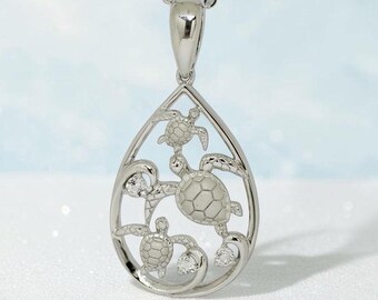 Sterling Silver and White Topaz Honu 3 Sea Turtle Water of Life Teardrop Pendant