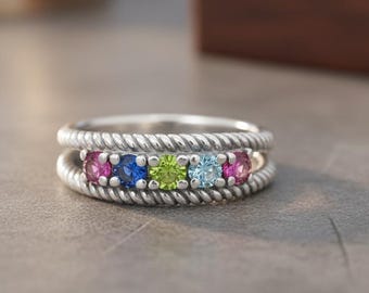 Personalized Mother's Family Ring with Twisted Rope Design Band, Mothers Ring 925 Sterling Silver or Solid 10k or 14k Gold
