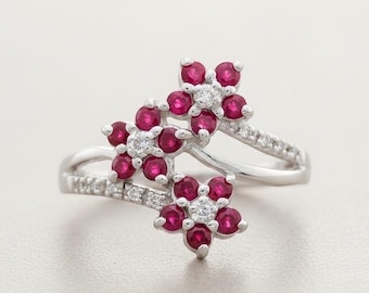 Sterling Silver 3 Flower Ruby and Diamond Ring