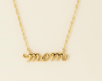 Petite Mom Script Necklace - .925 Sterling Silver or Solid 14k White Rose or Yellow Gold