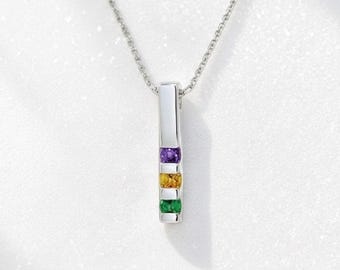 Birthstone Family Pendant or Necklace Vertical Bar, Channel Set Round Stones - 925 Sterling Silver or Solid 10k or 14k Gold