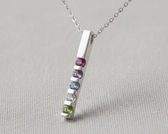 Vertical Bar Channel Birthstone Mother's Family Pendant or Necklace 1 2 3 4 or 5 Stones Sterling Silver Solid 10k 14k Gold