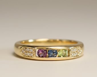 14k White or Yellow Gold Solid Personalized Family Birthstone Channel Set Genuine Diamond Accented Mother's Ring with 1 2 3 or 4 Stones