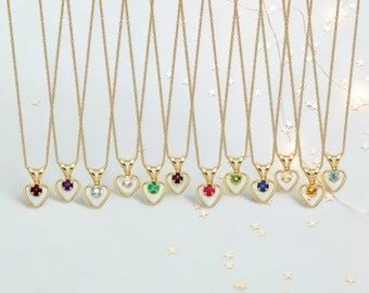 Children's Solid Gold and Natural Birthstone Petite Heart 15" Necklace in 10k or 14k Yellow Gold with Gift Box