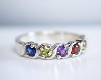 1 2 3 4 or 5 Stone .925 Sterling Silver or Solid 10k or 14k Gold Personalized Curved Swirl Set Mother's Family Stone Custom Birthstone Ring