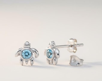 Sterling Silver Blue Crystal Tiny Turtle Earrings
