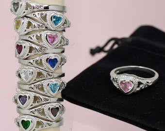 Sterling Silver Heart Filigree Ring – Children's Birthstone CZ Jewelry