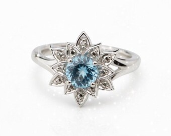 Sterling Silver Diamond & Round Gemstone Lotus Flower Rings - Amethyst or Blue Topaz