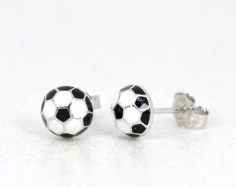 Sterling Silver Black and White Enameled 8mm Round Soccer Ball Post Stud Earrings