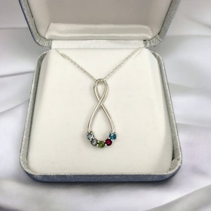 Personalized Vertical Infinity Birthstone Family Pendant Necklace in Sterling Silver; Solid White Rose or Yellow 10k or 14k Gold